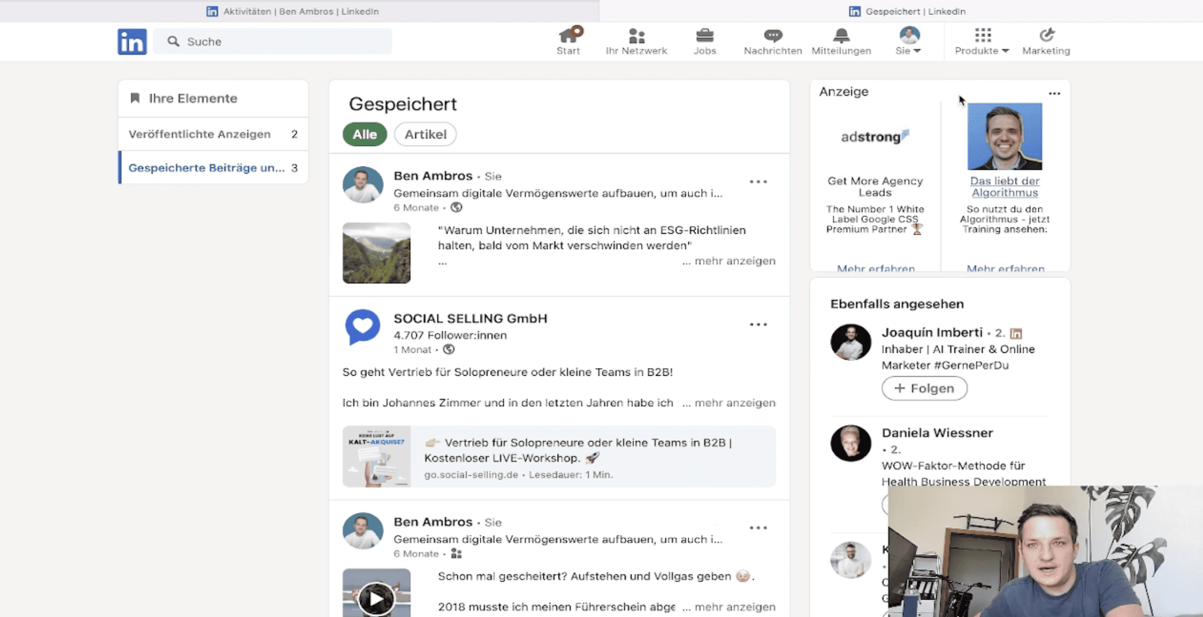 Bildbeschreibung z.B. LinkedIn Interface mit gespeicherten Artikeln