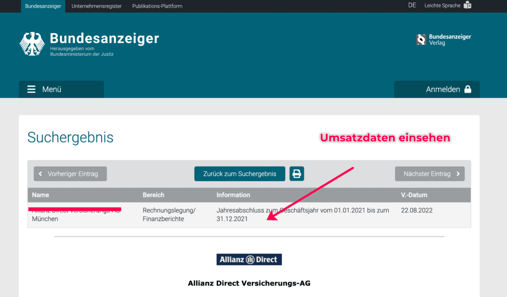 Umsätze einsehen Bundesanzeiger